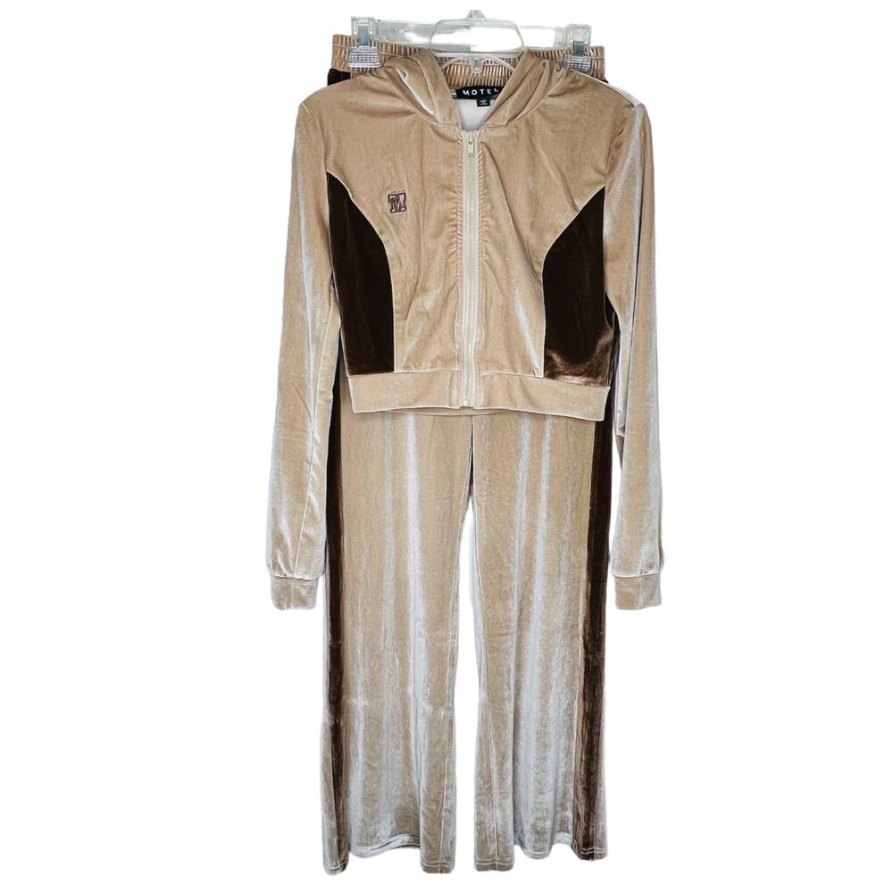Motel Rocks Velour Set Small Crop Hoodie & Wide Leg Pants Tan Brown Tracksuit